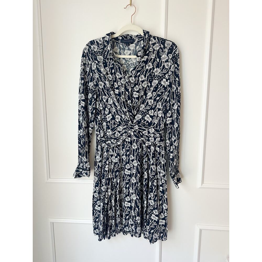 Tommy Hilfiger Navy and White Floral Dress Size M Long Sleeves Twist Waist